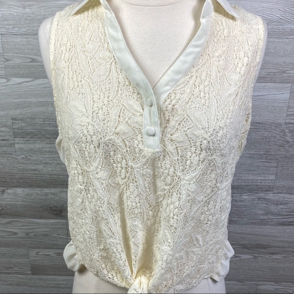 mine Tops - Cream Laced Tied Top Sheer Collared Medium Sleeveless